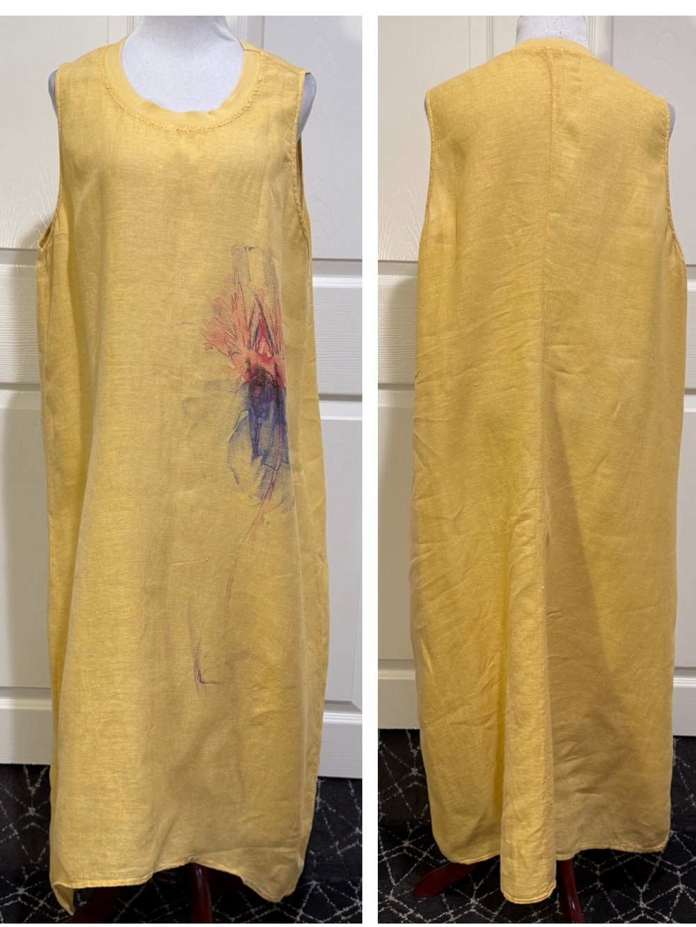 Laura Gotti Made in Italy 100% Linen Graphic Dress Yellow